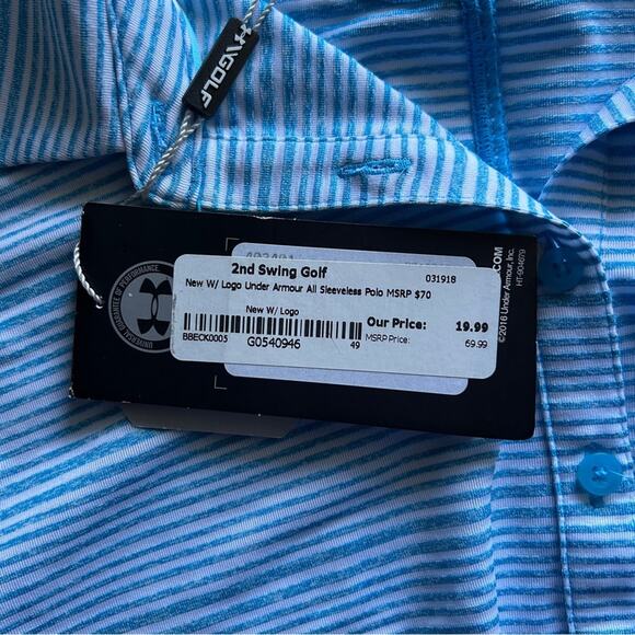 Under Armour Blue/White Striped Heat Gear Fitted Sleeveless Golf Polo Size Large - Picture 13 of 13